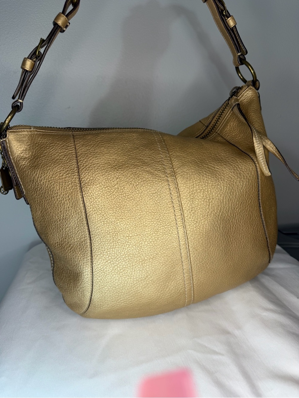 Coach Metallic Gold Leather Shoulder Bag with horse and carriage charm